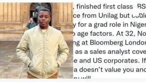 Read more about the article “If Nigeria doesn’t value you, another country will” – First class graduate who didn’t get a job in Nigeria due to his age says as he secures top job in London