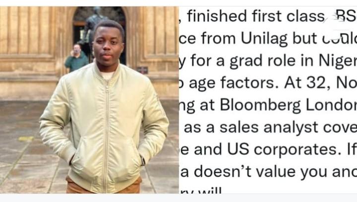 You are currently viewing “If Nigeria doesn’t value you, another country will” – First class graduate who didn’t get a job in Nigeria due to his age says as he secures top job in London