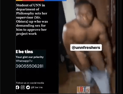 Read more about the article UNN Lecturer, Mr Obiora Caught On Camera Sexually Abusing Female Student (Video, Photos)