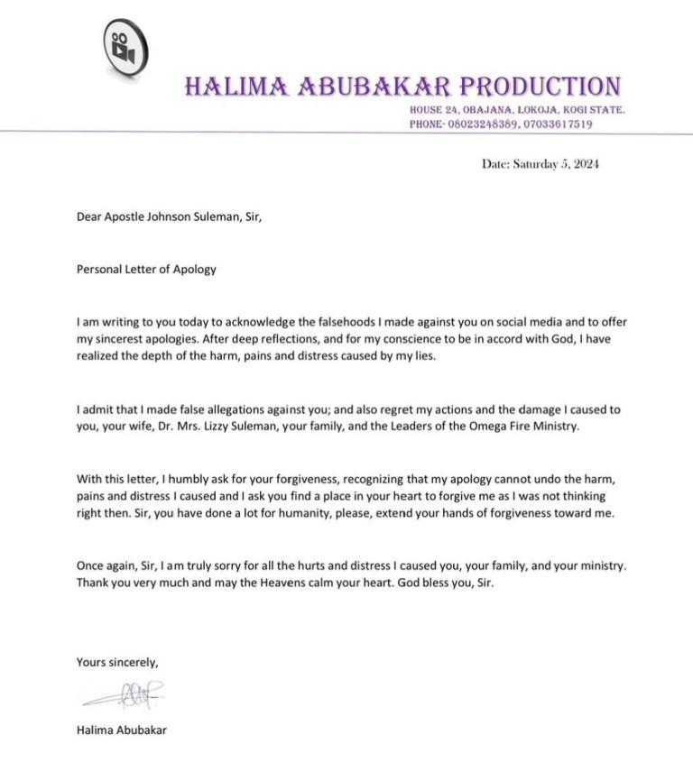 You are currently viewing Defamation: Actress Halima Abubakar Apologizes for Spreading Falsehoods Against Apostle Suleman, Wife