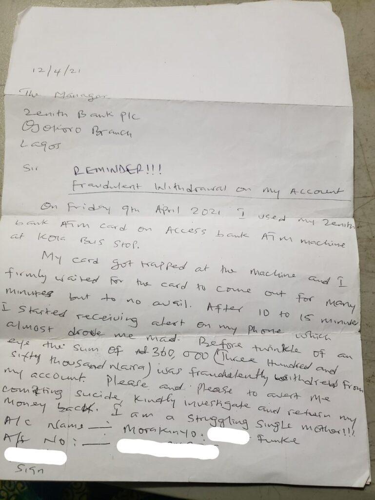 You are currently viewing Single mother whose card was ‘Swallowed’ by ATM 41 months ago still waiting on Zenith, Access for N360,000 refund