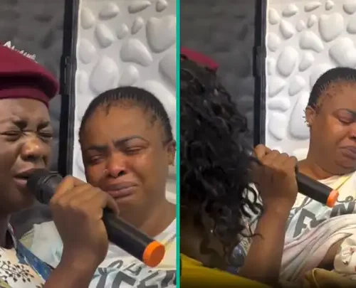 Read more about the article Dayo Amusa Bursts Into Tears As Yinka Alaseyori Sings to Welcome Her and 1st Child at 41