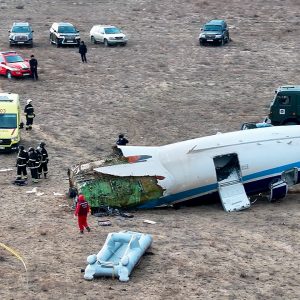 The wreckage of Azerbaijan Airlines Embraer 190 lays on the ground near the airport of Aktau Kazakhstan Wednesday Dec. 25 2024