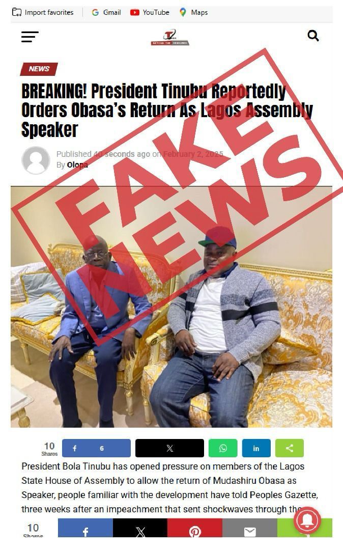 You are currently viewing Fake Report: “President Tinubu reportedly orders reinstatement of Mudashiru Obasa as Lagos Assembly Speaker”