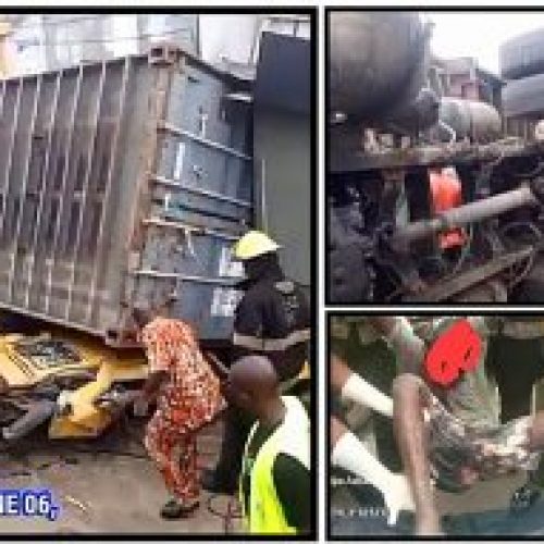 One Dead, Three Rescued By LASTMA As 40ft Container Crushes Minibus In Lagos