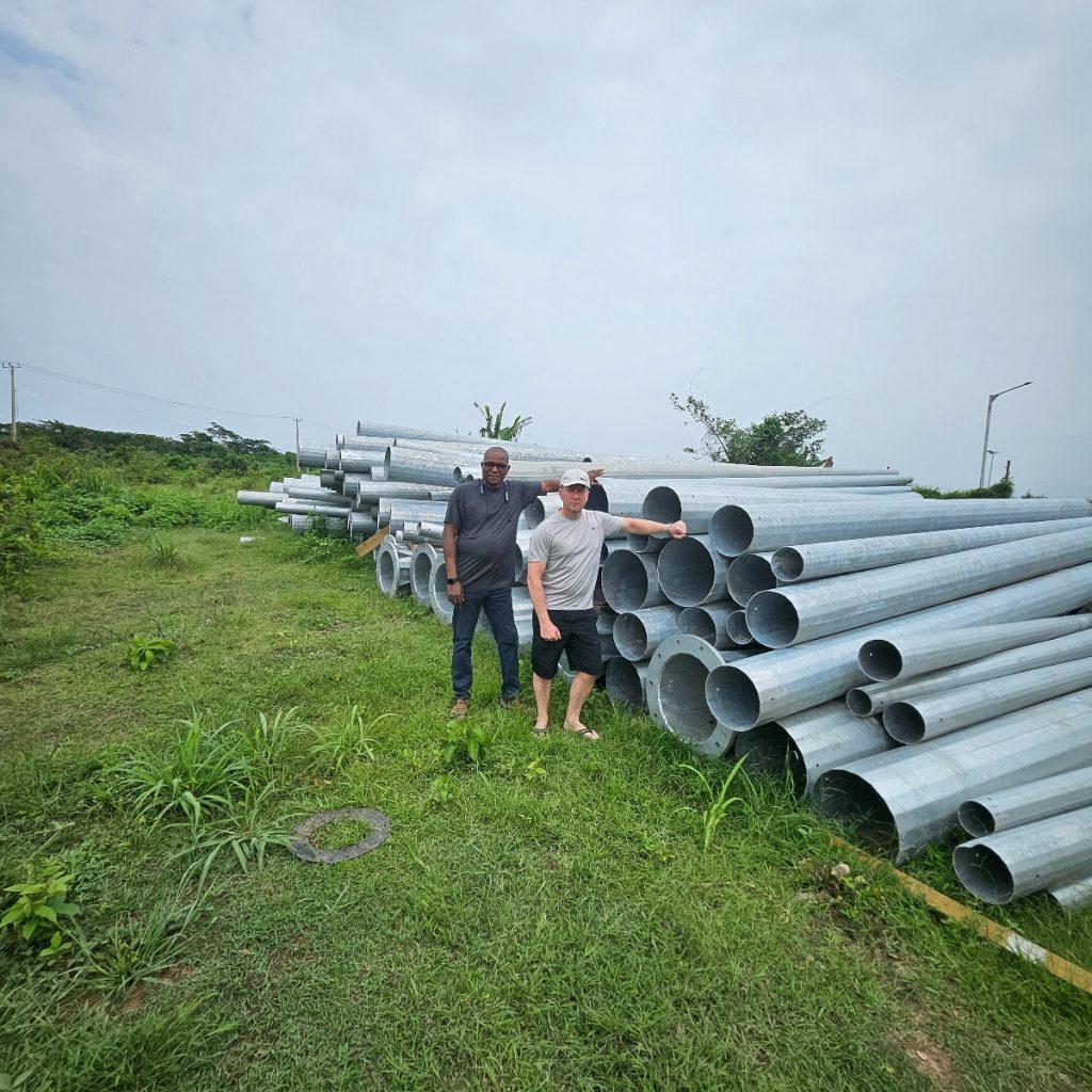 Laydown of the mast components before coupling and installation
