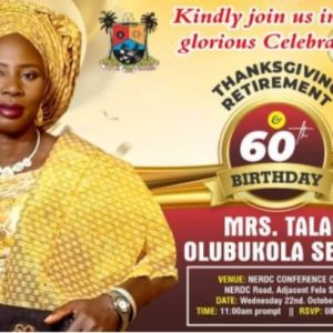 Retirement Thanksgiving and 60th Birthday Invite for Serifat Olubukola Talabi