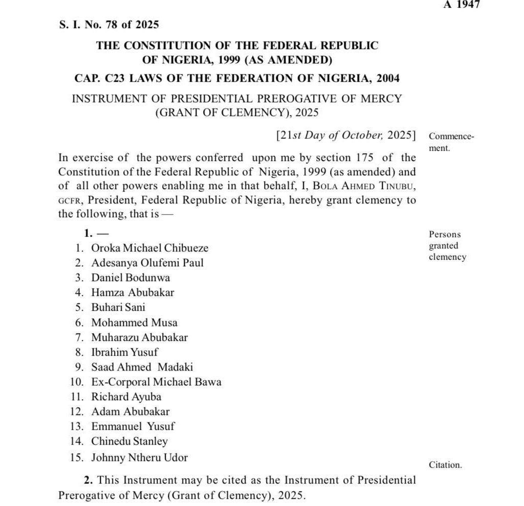 President Tinubu Signs Instrument of Clemency and Pardons, Moves Secretariat of Prerogative of Mercy Committee to Justice Ministry 2 WhatsApp Image 2025 10 29 at 14.50.12 81a5e24e