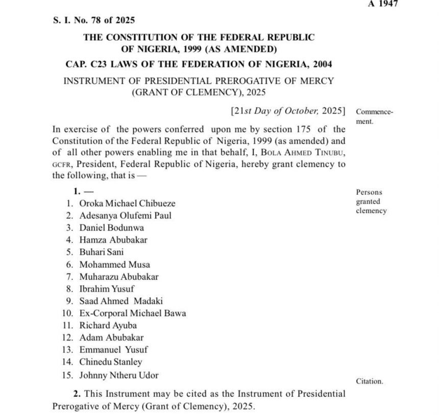 President Tinubu Signs Instrument of Clemency and Pardons, Moves Secretariat of Prerogative of Mercy Committee to Justice Ministry 1 WhatsApp Image 2025 10 29 at 14.50.12 81a5e24e