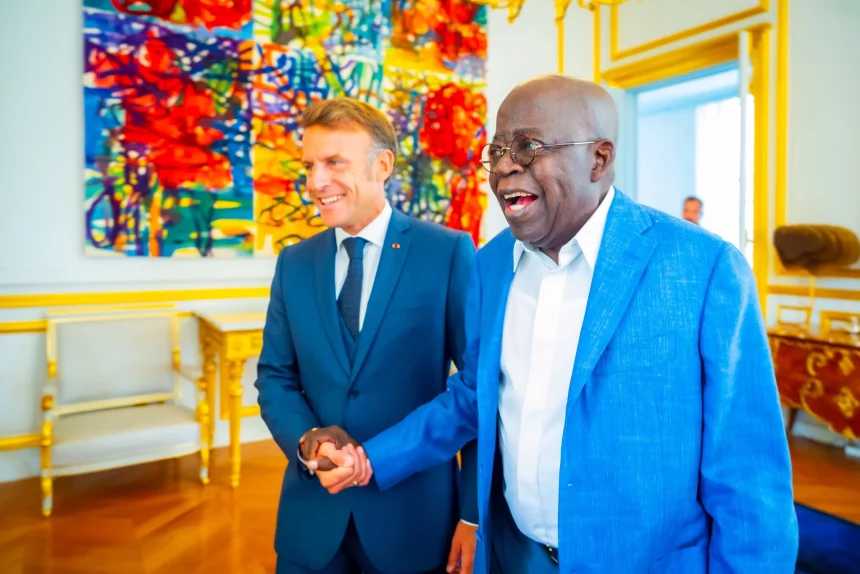 Tinubu in a warm exchange with Macron at the Elysee Palace in Paris. 2