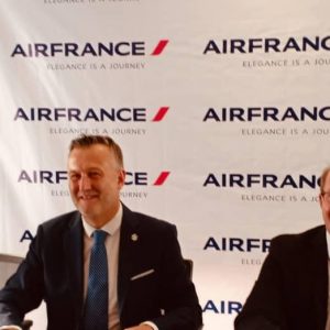 R L Mr Laurent Favier Mr Jean Luc Mevellec and Stephanie Spelle at the opening ceremony for Air France at 80