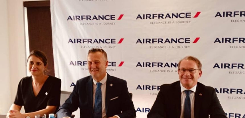 R L Mr Laurent Favier Mr Jean Luc Mevellec and Stephanie Spelle at the opening ceremony for Air France at 80