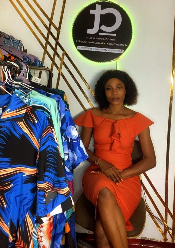 Relaxing in her shop