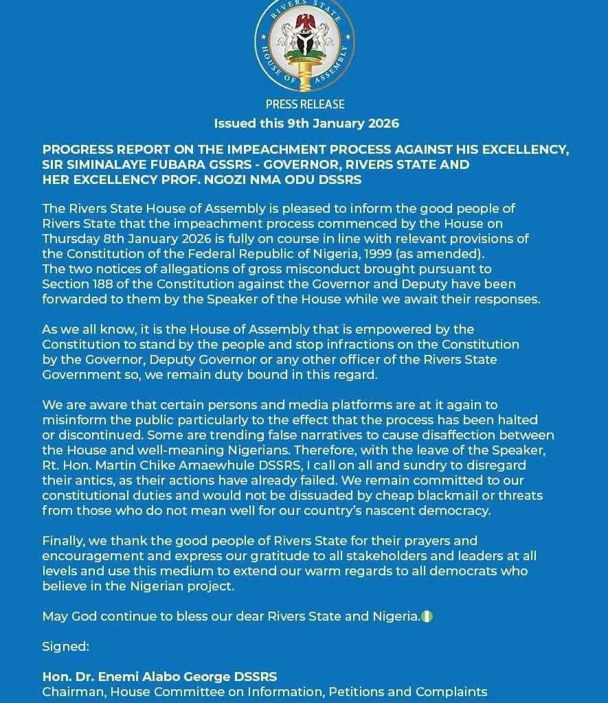 Rivers House of Assembly Denies Reports of Discontinuation of Impeachment Proceedings Against Fubara, Deputy 2 WhatsApp Image 2026 01 09 at 11.16.56 PM